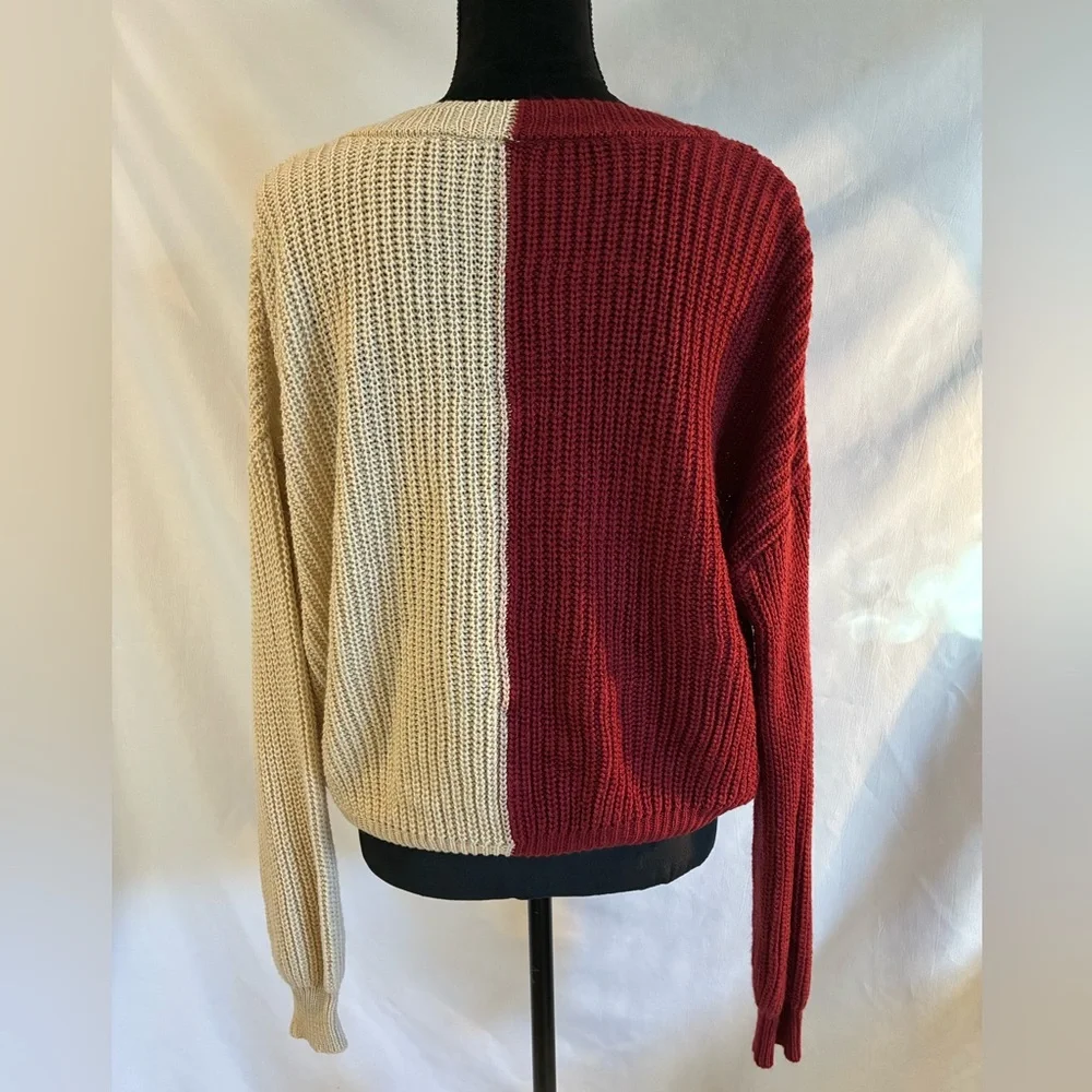 Beige/maroon color block V neck long sleeves loose knit pullover sweater XXL 19